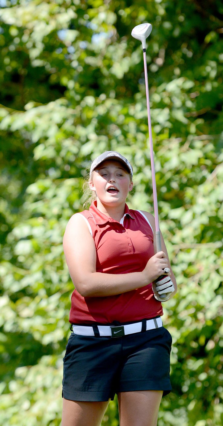 Bud Sullins/Special to Siloam Sunday Siloam Springs sophomore McKenzie Blanchard watches her shot Wednesday against Springdale Har-Ber at Siloam Springs Country Club.
