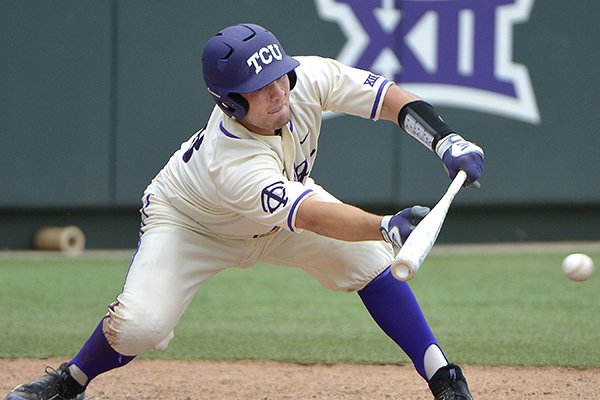 TCU catcher Zack Plunkett (38) tries to bunt during the fifth inning as TCU beat Kansas State 9-3 in Big 12 baseball at Lupton Stadium in Fort Worth, Texas, Saturday, May 21, 2016.  