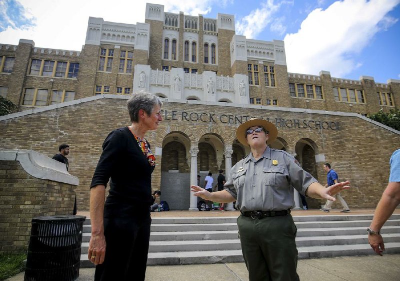 Jodi Morris (right) of the National Park Service gives a tour of Little Rock Central High School to Interior Secretary Sally Jewell on Tuesday in Little Rock. The visit was part of Jewell’s nationwide tour commemorating the 100th anniversary of the National Park Service. More photos are available at arkansasonline.com/galleries.