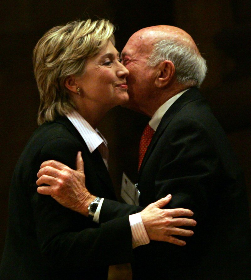 In this Jan. 18, 2006 file photo, then-Sen. Hillary Rodham Clinton, D-N.Y., is greeted by S. Daniel Abraham at Princeton University in Princeton, N.J. 