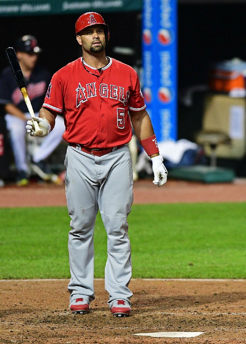 Los Angeles Angels' Albert Pujols stands in the batters box in the ninth inning of a baseball game against the Cleveland Indians, Thursday, Aug. 11, 2016, in Cleveland. The Indians won 14-4. 