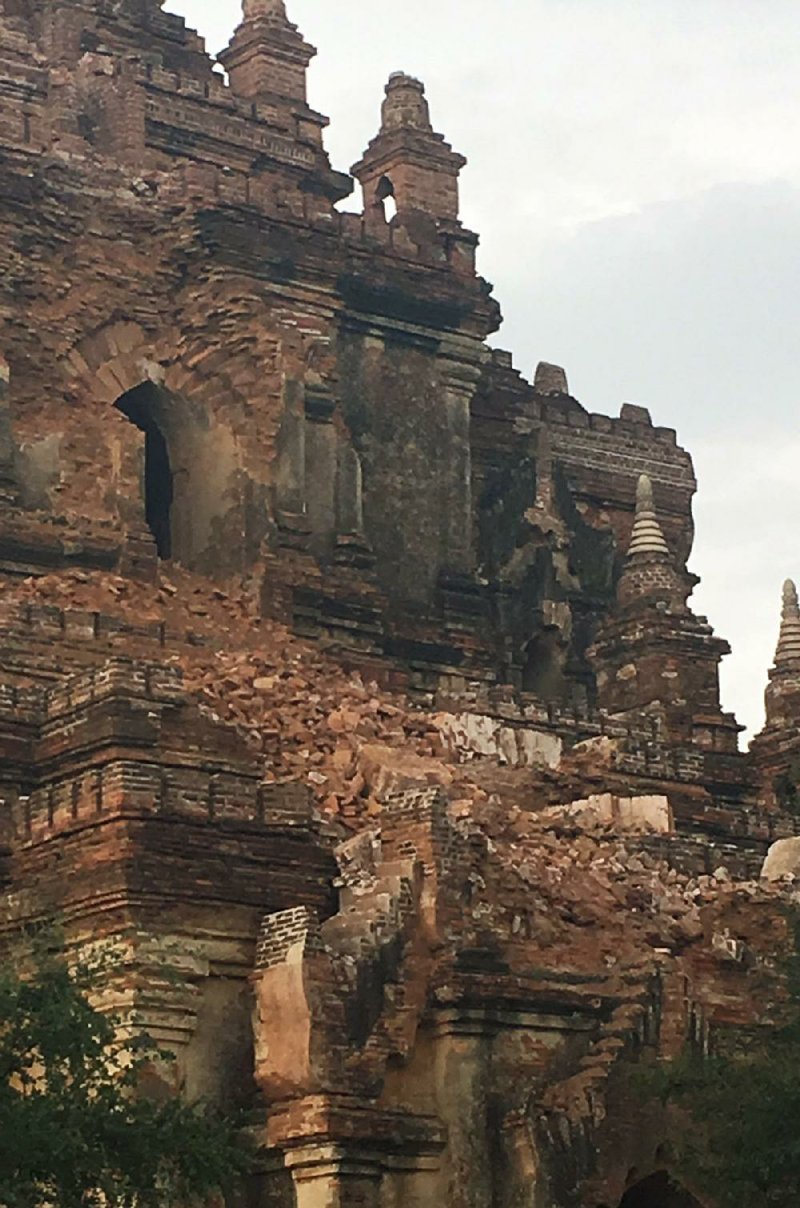 A Buddhist pagoda in Bagan, Burma, shows damage from the earthquake that struck the region Wednesday. Hundreds of temples in the former capital of Burma were damaged.
