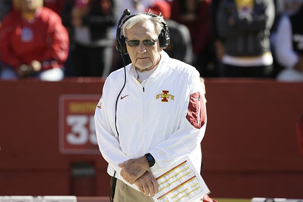 Iowa State defensive coordinator Wally Burnham stands on the sidelines before an NCAA college football game against Kansas, Saturday, Oct. 3, 2015, in Ames, Iowa. (AP Photo/Charlie Neibergall)