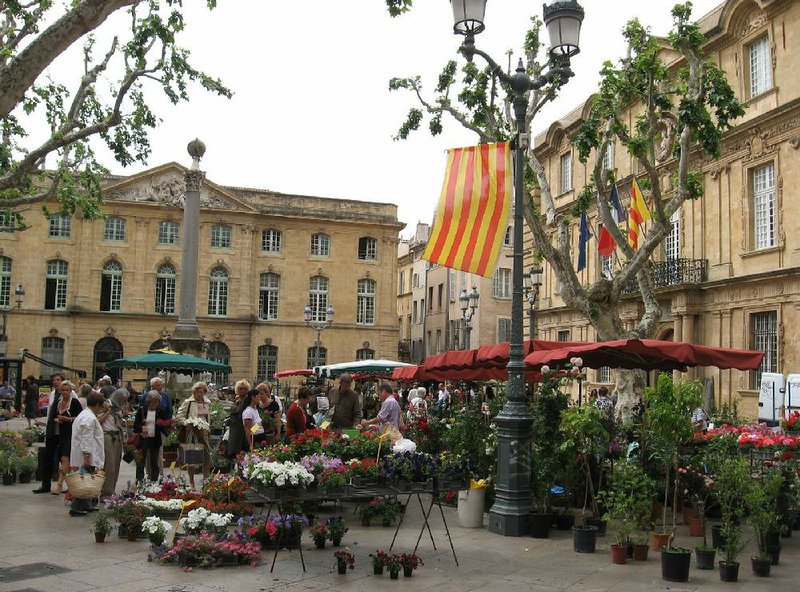 Farmers markets pop up all over the French city of Aix-en-Provence, such as this flower market in front of City Hall.