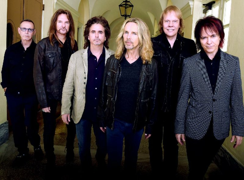Styx — (from left) Chuck Panozzo, Ricky Phillips, Todd Sucherman, Tommy Shaw, James ‘‘J.Y.’’ Young and Lawrence Gowan — performs Thursday at the Walmart AMP in Rogers.