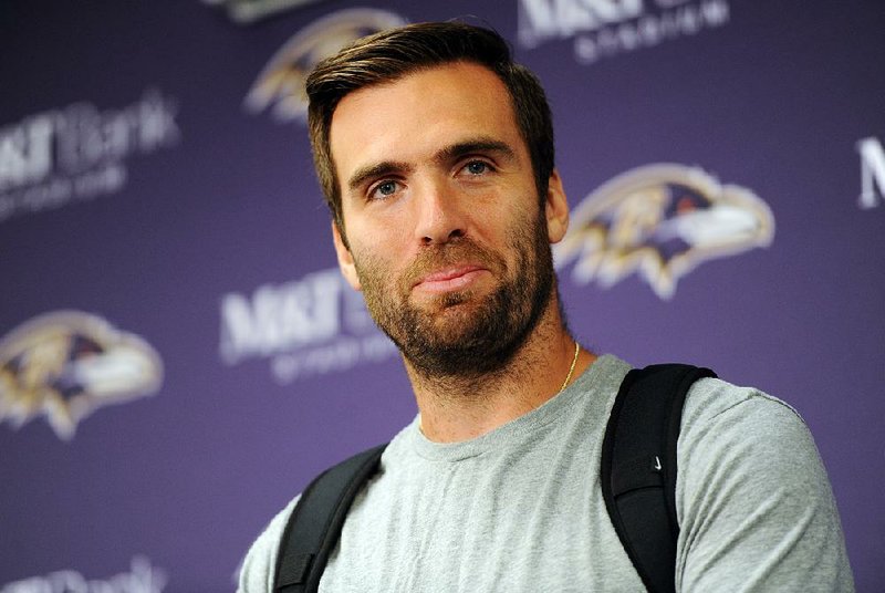 Baltimore Ravens quarterback Joe Flacco speaks at a news conference after a preseason NFL football game against the Detroit Lions, Saturday, Aug. 27, 2016, in Baltimore. 