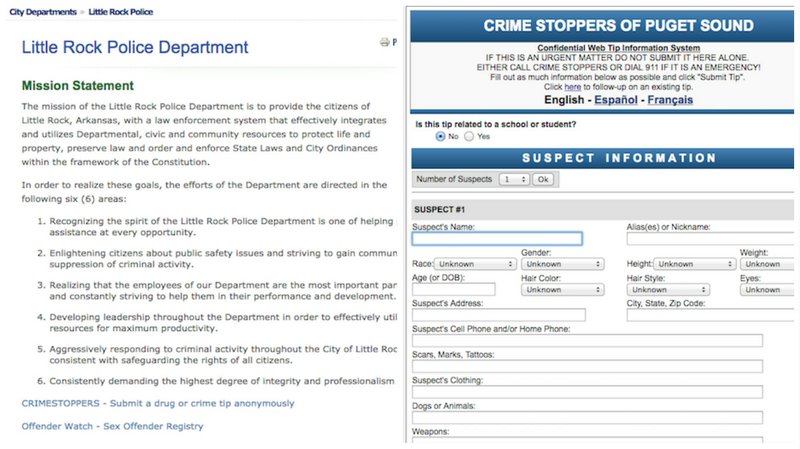 The link on LittleRock.org's police webpage reading “CRIMESTOPPERS — Submit a drug or crime tip anonymously” (left) led to an online form for the Crime Stoppers of Puget Sound (right), a Seattle-based organization. The link occupied the site for about two years before it was taken down on July 21. 