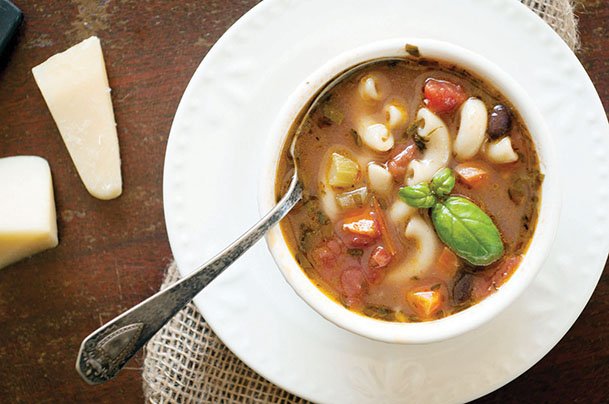 Summer’s bounty comes together in a hearty minestrone soup.