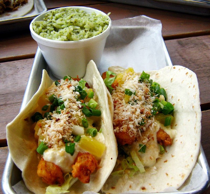 Tacos4Life menu includes Ono Shrimp Tacos and cilantro lime rice.