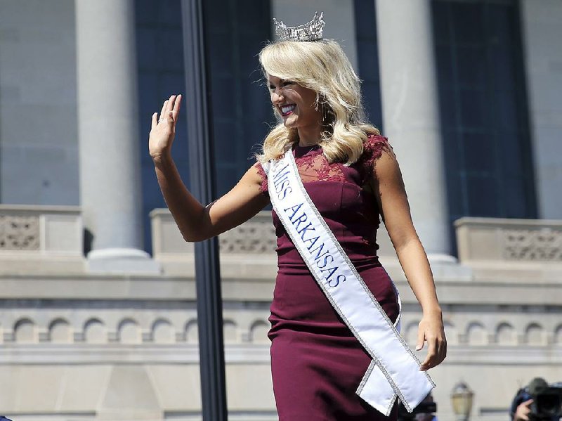 Miss Arkansas Savvy Shields, crowned July 9 in Hot Springs, arrives at the Miss America Pageant venue Tuesday in Atlantic City, N.J.