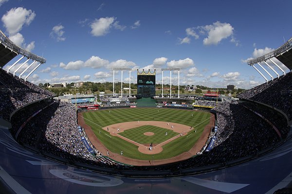 A general view of Kauffman Stadium during a baseball game between the Kansas City Royals and the Cleveland Indians Sunday, Sept. 27, 2015, in Kansas City, Mo. (AP Photo/Charlie Riedel)