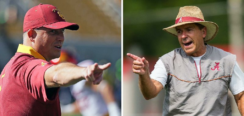 Southern California Coach Clay Helton (left) is hoping the Trojans can put an end to Alabama Coach Nick Saban’s (right) six-game winning streak in season openers today when the teams face off in Arlington, Texas.