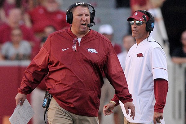 Arkansas coach Bret Bielema yells during a game against Louisiana Tech on Saturday, Sept. 3, 2016, at Razorback Stadium in Fayetteville. 