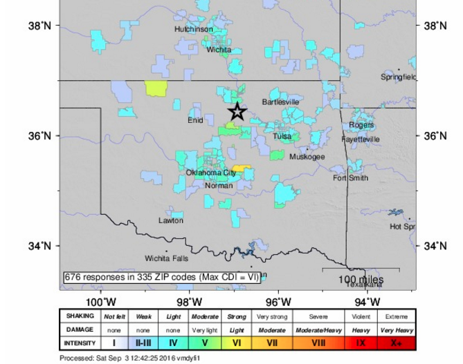 This U.S. Geological Survey map shows areas where people reported feeling the Oklahoma earthquake, including in parts of Arkansas.
