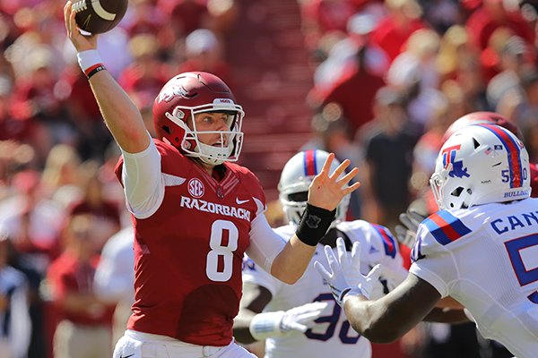 Arkansas quarterback Austin Allen passes the ball during a game against Louisiana Tech on Saturday, Sept. 3, 2016, in Fayetteville. 
