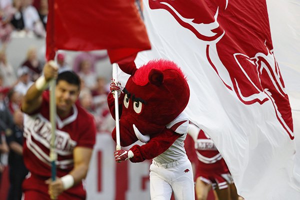 Arkansas mascot Big Red runs onto the field prior to a game at Razorback Stadium in Fayetteville. 