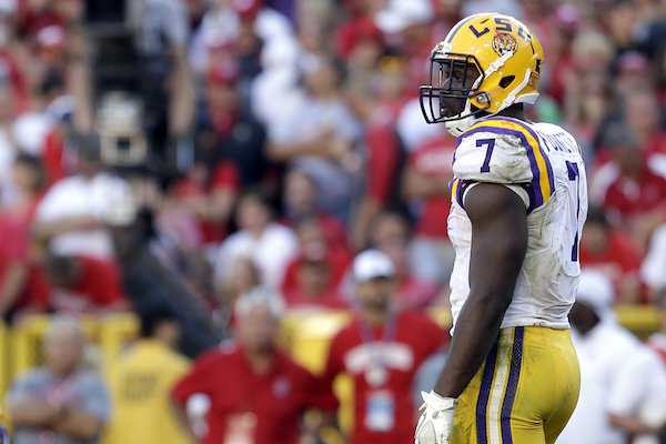 LSU's Leonard Fournette looks to the sideline during an NCAA college football game against Wisconsin Saturday, Sept. 3, 2016 in Green Bay, Wis. (AP Photo/Aaron Gash)