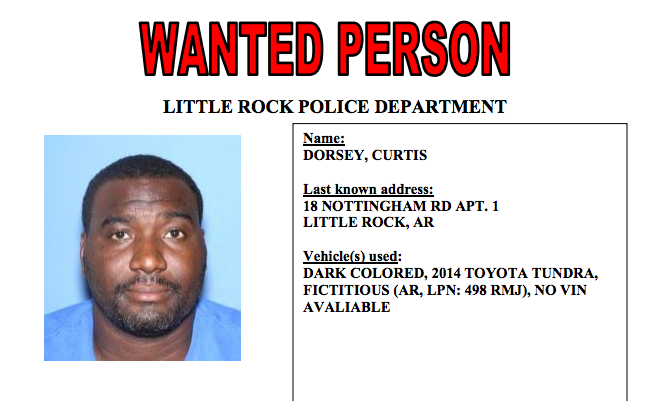 This screenshot of a Little Rock Police Department wanted poster shows Curtis Dorsey, a suspect in the killing of his girlfriend and business partner.