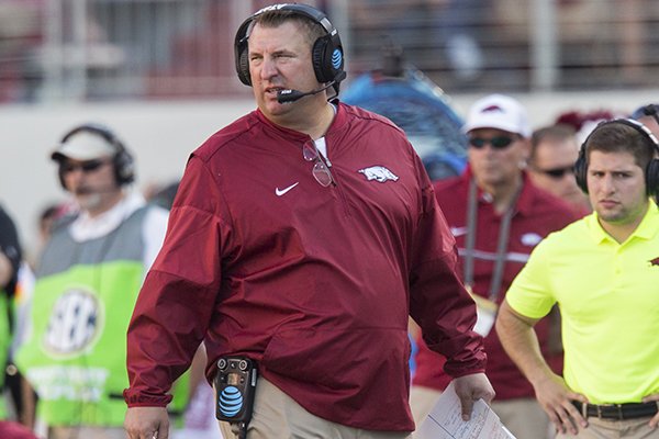 Arkansas coach Bret Bielema walks the sideline during a game against Louisiana Tech on Saturday, Sept. 3, 2016, in Fayetteville. 