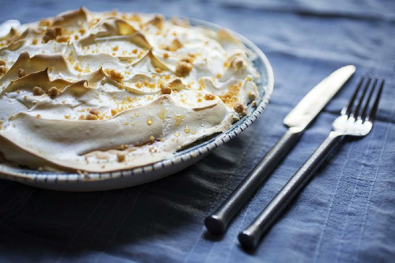 This Peanut Butter Pie layers pie crust, peanut butter crumbles, vanilla custard and meringue topped with more peanut butter crumbles