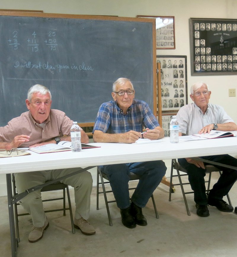 Photo by Susan Holland Bob Kelley, John Mitchael and Dodie Evans presented a program on the history of Gravette August 26 in the Gravette museum annex. The three men focused on the founding of Gravette, early Gravette history and prominent persons from the area and noted recent accomplishments in town. They also answered several questions from the audience.