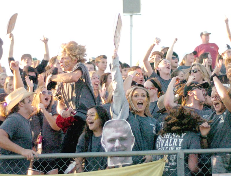 MARK HUMPHREY ENTERPRISE-LEADER Prairie Grove fans go into a frenzy celebrating a touchdown pass by quarterback Zeke Laird against rival Farmington Friday. The Tigers beat the Cardinals, 35-14, behind Laird&#8217;s four touchdown passes.