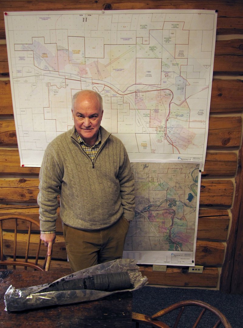 In this Jan. 15, 2015, file photo, Ramaco, LLC, CEO Randall Atkins poses with a core sample from the planned site of a new coal mine near Sheridan in northern Wyo.