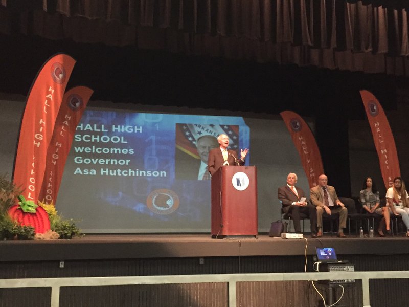 Gov. Asa Hutchinson announces a regional and state coding competition at Little Rock's Hall High School on Wednesday, Sept. 7, 2016.