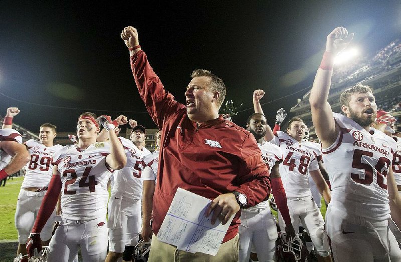 NWA Democrat-Gazette/JASON IVESTER
Arkansas head coach Bret Bielema celebrates with his players on Saturday, Sept. 10, 2016, following their 41-38 2OT win over TCU at Amon G. Carter Stadium in Fort Worth, Texas.