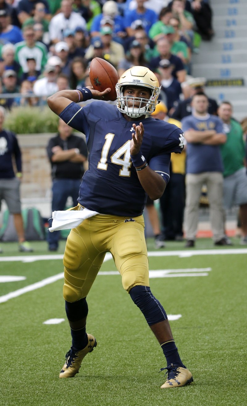 Notre Dame quarterback DeShone Kizer throws during the first half of an NCAA college football game against Nevada Saturday, Sept. 10, 2016, in South Bend, Ind. 