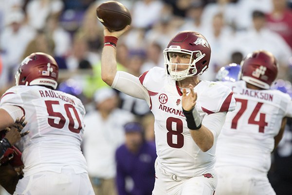 Arkansas junior quarterback Austin Allen looks to throw on Saturday, Sept. 10, 2016, against TCU at Amon G. Carter Stadium in Fort Worth, Texas.