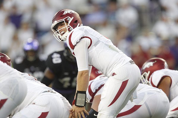 Arkansas quarterback Austin Allen prepares to take a snap during a game against TCU on Saturday, Sept. 10, 2016, in Fort Worth, Texas. 