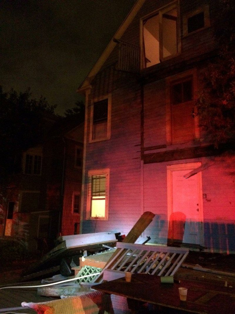  collapsed deck is shown Saturday at a house near Trinity College in Hartford, Conn., in this photo provided by the Hartford Police Department. The deck was crowded with students when it collapsed, police said.