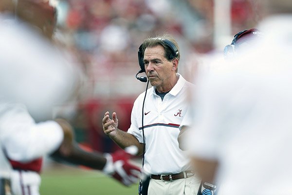 Alabama head coach Nick Saban walks towards a huddle during the second half of an NCAA college football game against Western Kentucky, Saturday, Sept. 10, 2016, in Tuscaloosa, Ala. Saban called his team’s performance in a 28-point victory against Western Kentucky embarrassing and said he could not remember feeling more disappointed after a win. (AP Photo/Brynn Anderson)

