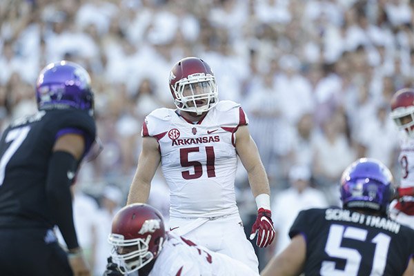 Arkansas linebacker Brooks Ellis (51) lines up during a game against TCU on Saturday, Sept. 10, 2016, in Fort Worth, Texas. 