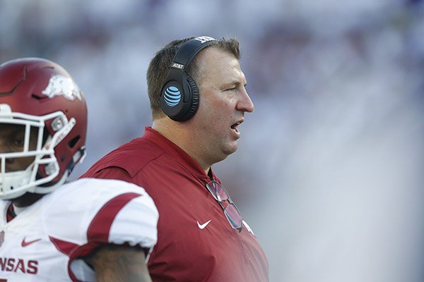 Arkansas coach Bret Bielema watches a game against TCU on Saturday, Sept. 10, 2016, in Fort Worth, Texas. 
