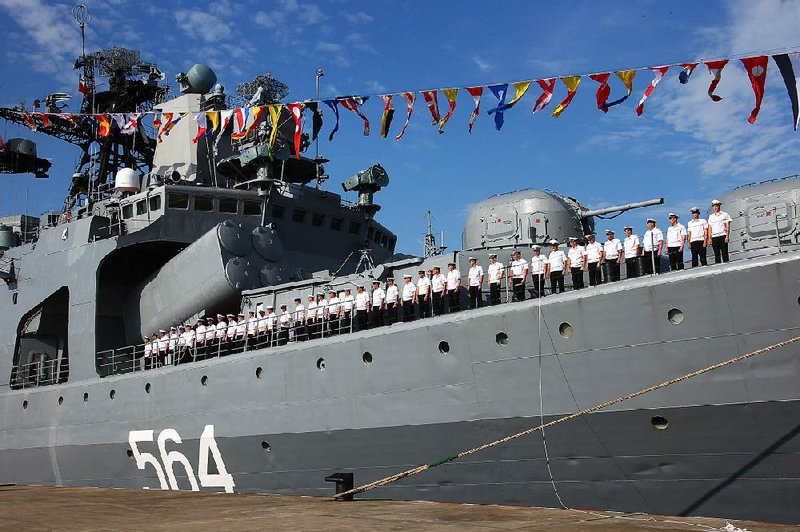 A Russian naval ship arrives in port Monday in Zhanjiang in southern China’s Guangdong province.