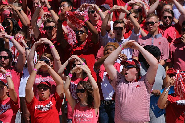 Arkansas fans cheer during a game against Louisiana Tech on Sept. 3, 2016, in Fayetteville. 