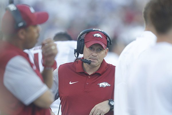 Arkansas defensive coordinator Robb Smith watches from the sideline during a game against TCU on Saturday, Sept. 10, 2016, in Fort Worth, Texas. 