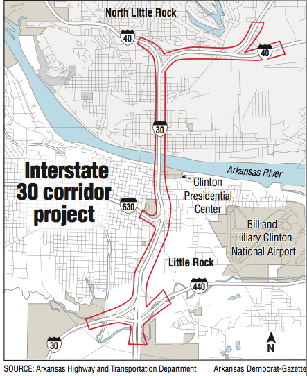 A map showing the Interstate 30 corridor project.