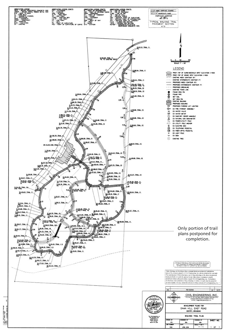 While the above trails map prepaired by Civil Engineering of Siloam Springs is printed too small to be viewed in detail, it shows the general layout of the paved trails to be built in the Flint Creek Nature Area. A line and note was added to show the one small portion of the trail plan postponed due in part to the need to build a bridge to complete it.