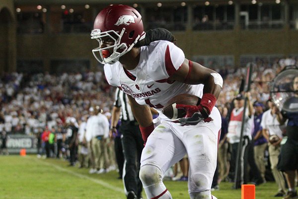 Arkansas receiver Keon Hatcher catches a touchdown during the fourth quarter of a game against TCU on Saturday, Sept. 10, 2016, in Fort Worth, Texas. 