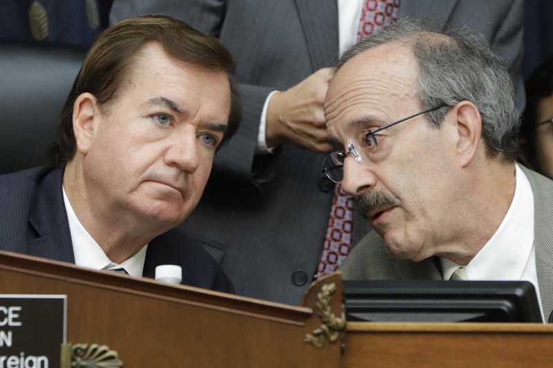 House Foreign Affairs Committee Chairman Rep. Ed Royce, R-Calif., left, listens to the committee's ranking member Rep. Eliot Engel, D-N.Y., on Capitol Hill in Washington, Wednesday, Sept. 14, 2016, during the committee's hearing on Iran. 