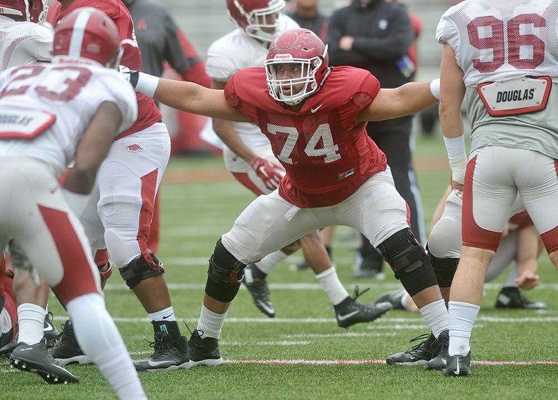 NWA Democrat-Gazette/Michael Woods UP FRONT: Redshirt freshman Colton Jackson, of Conway, has started both Razorback games at right tackle with junior center Frank Ragnow, sophomore left guard Hjalte Froholdt and senior left tackle Dan Skipper and University of Texas graduate transfer right guard Jake Raulerson. Arkansas, 2-0 and ranked No. 24, plays Texas State Saturday night in Fayetteville.