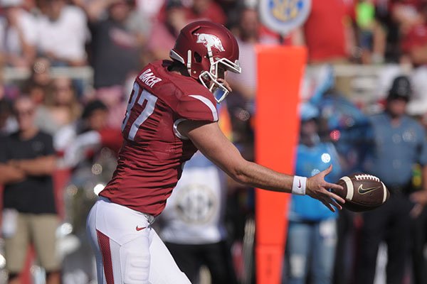 Arkansas punter Toby Baker prepares to kick during a game against Louisiana Tech on Saturday, Sept. 3, 2016, in Fayetteville. 