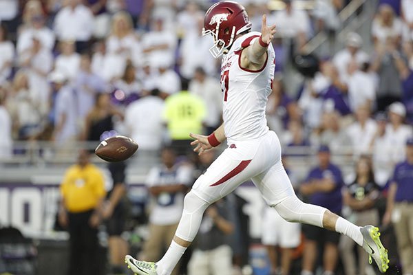 Arkansas punter Toby Baker kicks the ball during a game against TCU on Saturday, Sept. 10, 2016, in Fort Worth, Texas. 