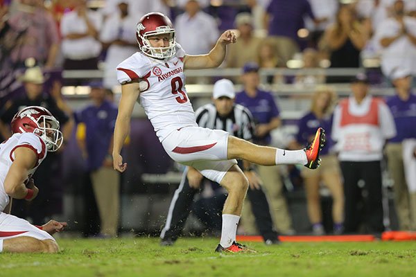 Arkansas kicker Cole Hedlund misses a field goal during a game against TCU on Saturday, Sept. 10, 2016, in Fort Worth, Texas. 
