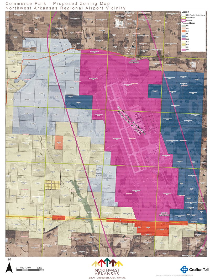 Map showing rezoning plan submitted to the Highfill City Council for approval on Sept. 13. Lands to be rezoned Industrial 1 west of the airport are in light gray. Industrial 2 is dark gray. Used by permission of Crafton Tull
