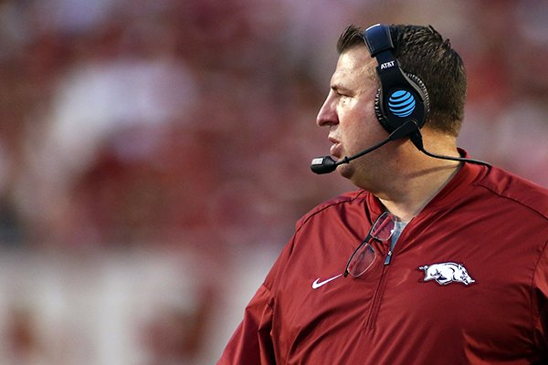 Arkansas' Bret Bielema walks the sidelines during the first quarter of an NCAA college football game against Texas State Saturday, Sept. 17, 2016 in Fayetteville, Ark. (AP Photo/Samantha Baker)

