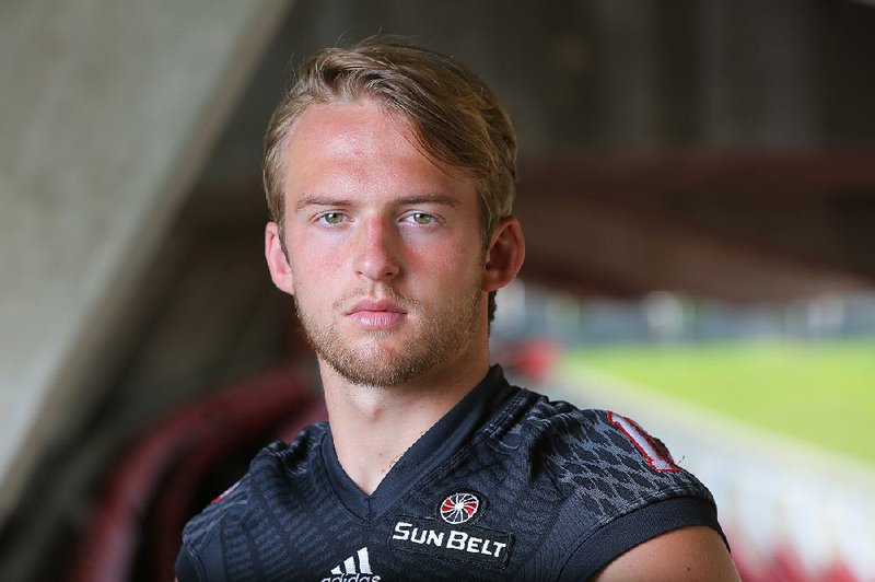 8/3/16
Arkansas Democrat-Gazette/STEPHEN B. THORNTON
Arkansas State University quarterback Justice Hansen at Centennial Bank Stadium on the ASU campus Wednesday. FOR FUTURE ASU STORIES FOR FUTURE ASU STORIES